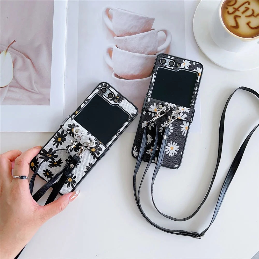 For Samsung Galaxy Z Flip7 FE 5G / Z Flip6 5G Chrysanthemum Pattern PU Leather + PC Phone Cover with Crossbody Strap - Black - 6