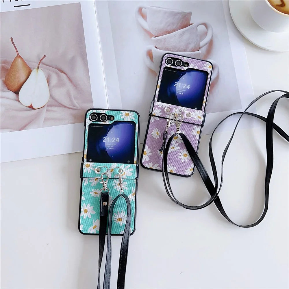 For Samsung Galaxy Z Flip7 FE 5G / Z Flip6 5G Chrysanthemum Pattern PU Leather + PC Phone Cover with Crossbody Strap - Black - 7