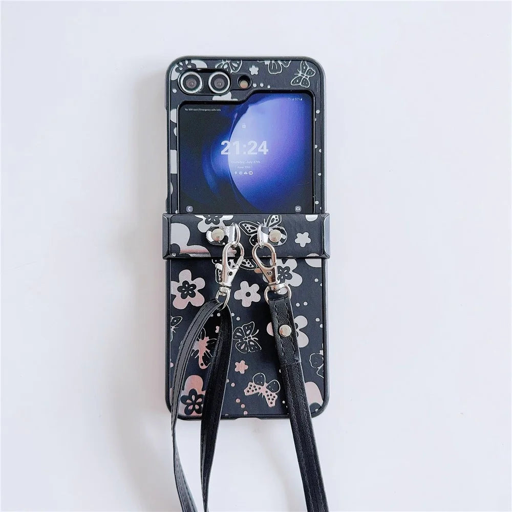 For Samsung Galaxy Z Flip7 FE 5G / Z Flip6 5G Butterfly and Flower Pattern PU Leather Coated PC Phone Cover with Crossbody Strap - Black - 2