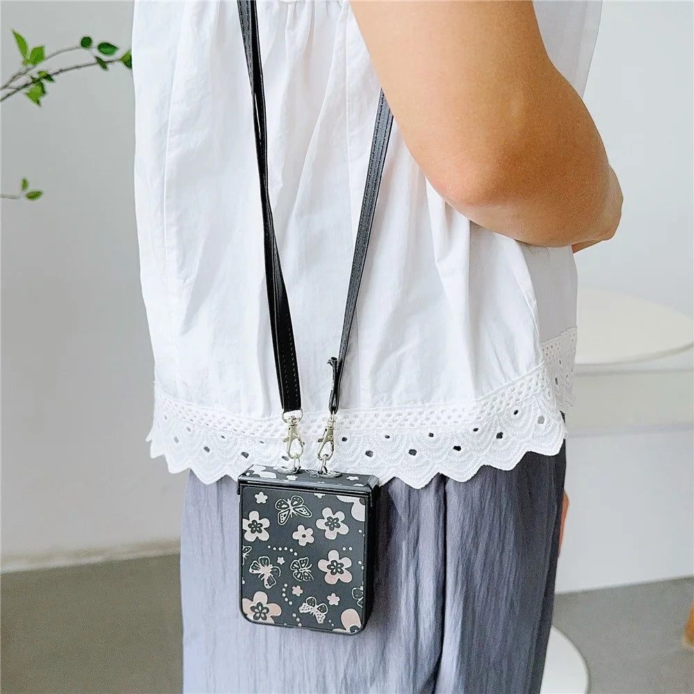 For Samsung Galaxy Z Flip7 FE 5G / Z Flip6 5G Butterfly and Flower Pattern PU Leather Coated PC Phone Cover with Crossbody Strap - Black - 3