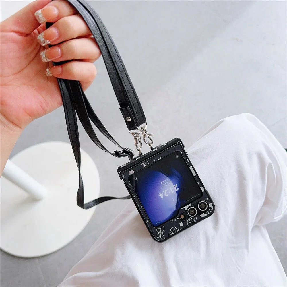 For Samsung Galaxy Z Flip7 FE 5G / Z Flip6 5G Butterfly and Flower Pattern PU Leather Coated PC Phone Cover with Crossbody Strap - Black - 4