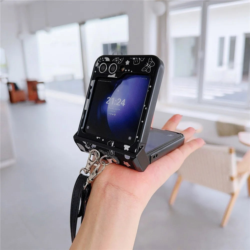 For Samsung Galaxy Z Flip7 FE 5G / Z Flip6 5G Butterfly and Flower Pattern PU Leather Coated PC Phone Cover with Crossbody Strap - Black - 5
