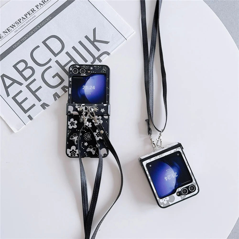 For Samsung Galaxy Z Flip7 FE 5G / Z Flip6 5G Butterfly and Flower Pattern PU Leather Coated PC Phone Cover with Crossbody Strap - Black - 7