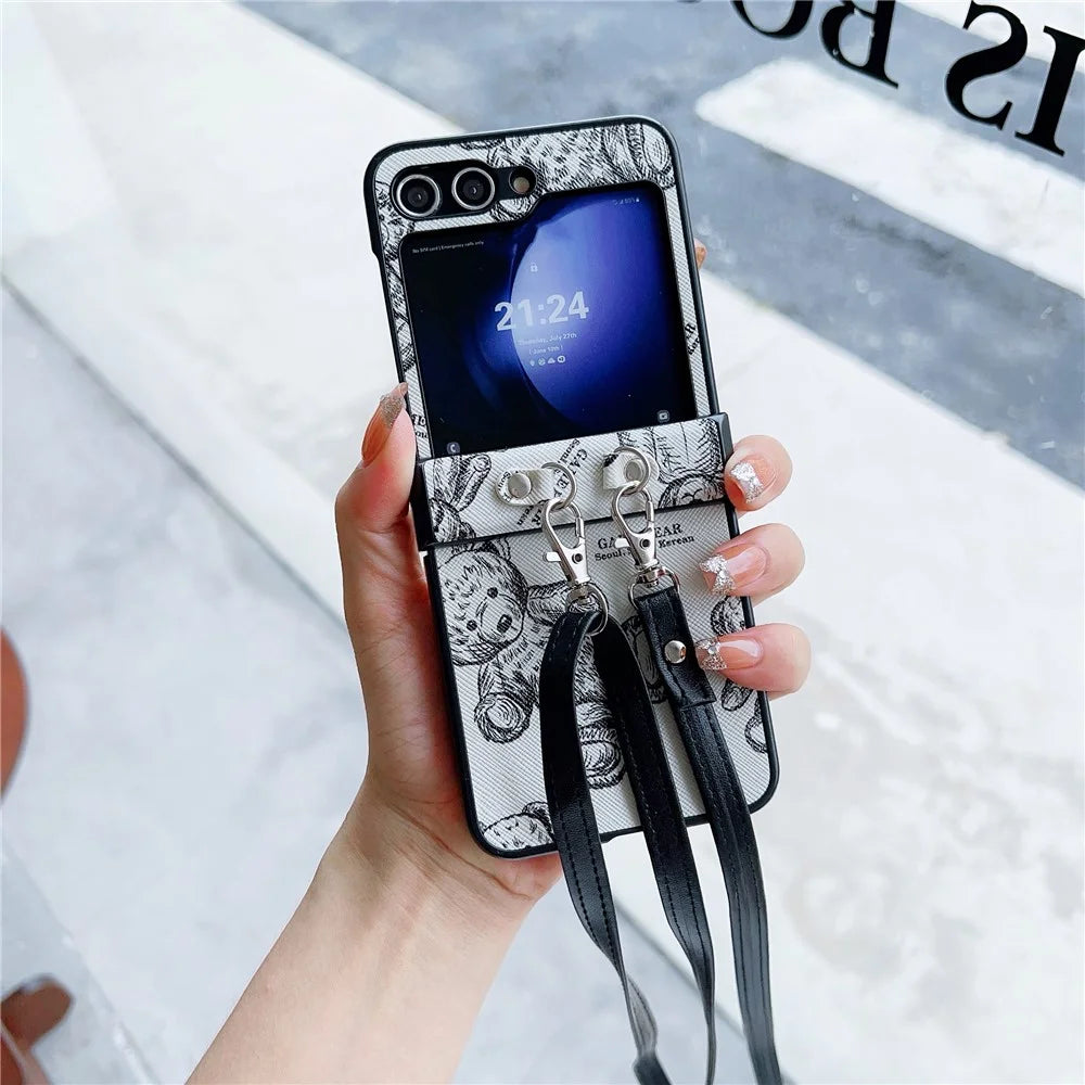 For Samsung Galaxy Z Flip7 FE 5G / Z Flip6 5G Case Cute Bear PU Leather Coated PC Phone Cover with Crossbody Strap - Grey - 1