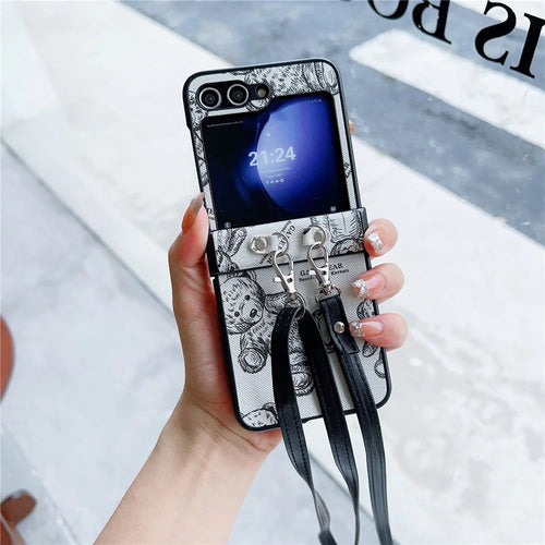 For Samsung Galaxy Z Flip7 FE 5G / Z Flip6 5G Case Cute Bear PU Leather Coated PC Phone Cover with Crossbody Strap - Grey - 1