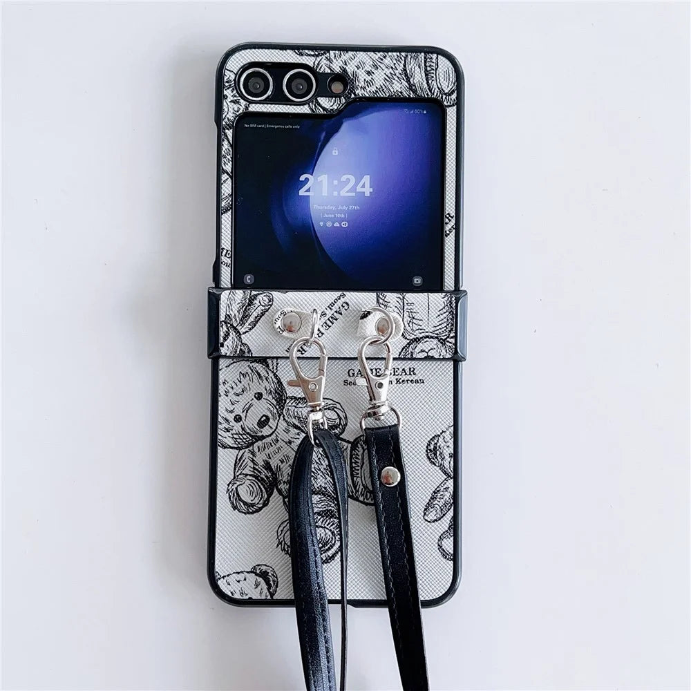 For Samsung Galaxy Z Flip7 FE 5G / Z Flip6 5G Case Cute Bear PU Leather Coated PC Phone Cover with Crossbody Strap - Grey - 2