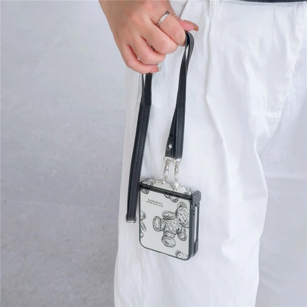 For Samsung Galaxy Z Flip7 FE 5G / Z Flip6 5G Case Cute Bear PU Leather Coated PC Phone Cover with Crossbody Strap - Grey - 3