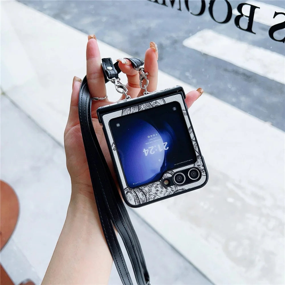 For Samsung Galaxy Z Flip7 FE 5G / Z Flip6 5G Case Cute Bear PU Leather Coated PC Phone Cover with Crossbody Strap - Grey - 5