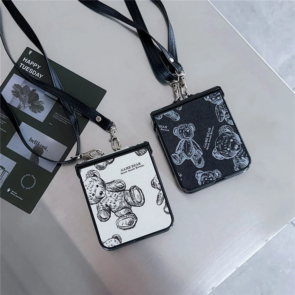 For Samsung Galaxy Z Flip7 FE 5G / Z Flip6 5G Case Cute Bear PU Leather Coated PC Phone Cover with Crossbody Strap - Grey - 6