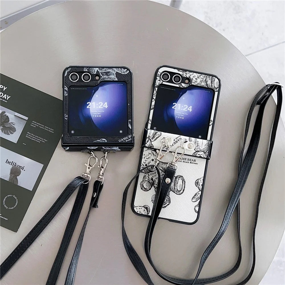For Samsung Galaxy Z Flip7 FE 5G / Z Flip6 5G Case Cute Bear PU Leather Coated PC Phone Cover with Crossbody Strap - Grey - 7