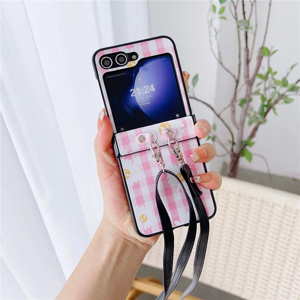 For Samsung Galaxy Z Flip7 FE 5G / Z Flip6 5G Flower and Grids Pattern PU Leather Coated PC Phone Cover with Crossbody Strap - Pink+White - 1