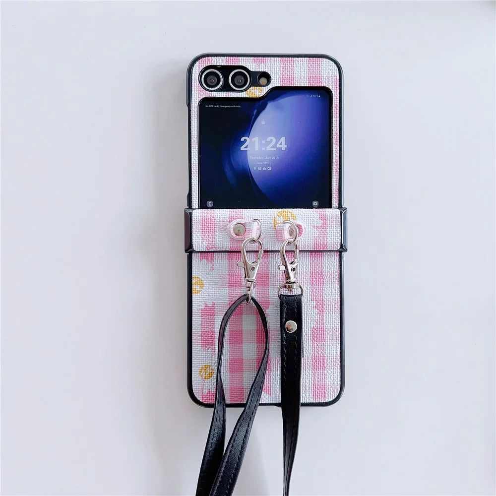 For Samsung Galaxy Z Flip7 FE 5G / Z Flip6 5G Flower and Grids Pattern PU Leather Coated PC Phone Cover with Crossbody Strap - Pink+White - 2