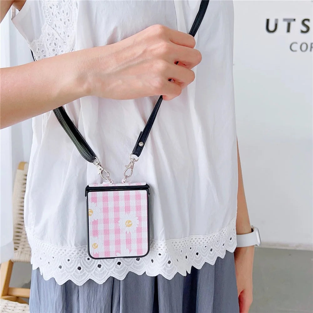 For Samsung Galaxy Z Flip7 FE 5G / Z Flip6 5G Flower and Grids Pattern PU Leather Coated PC Phone Cover with Crossbody Strap - Pink+White - 3