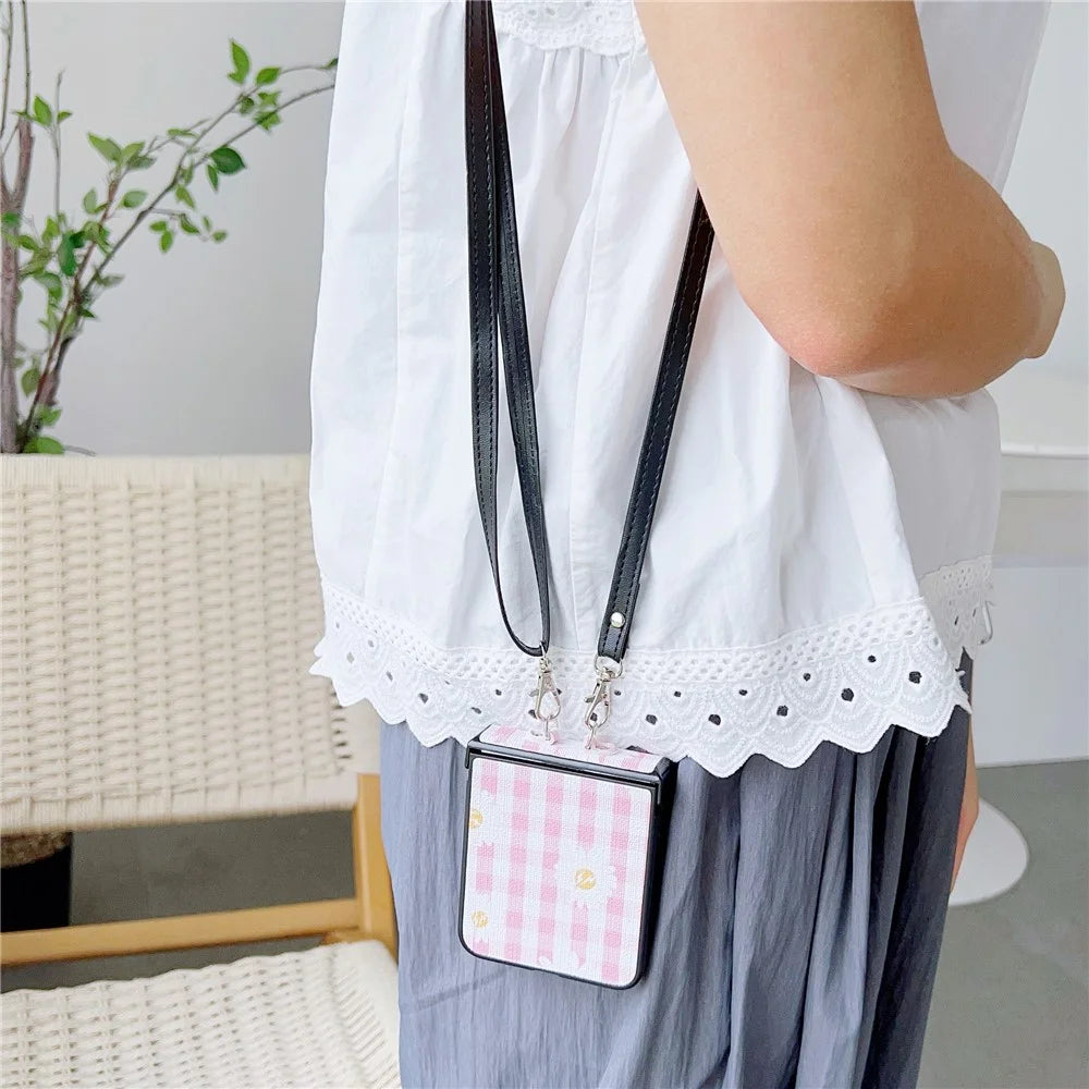 For Samsung Galaxy Z Flip7 FE 5G / Z Flip6 5G Flower and Grids Pattern PU Leather Coated PC Phone Cover with Crossbody Strap - Pink+White - 4