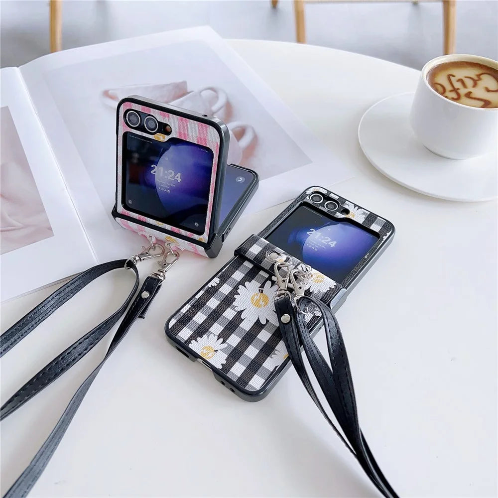 For Samsung Galaxy Z Flip7 FE 5G / Z Flip6 5G Flower and Grids Pattern PU Leather Coated PC Phone Cover with Crossbody Strap - Pink+White - 6