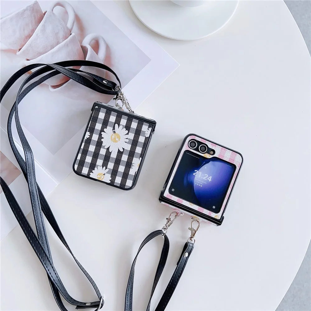 For Samsung Galaxy Z Flip7 FE 5G / Z Flip6 5G Flower and Grids Pattern PU Leather Coated PC Phone Cover with Crossbody Strap - Pink+White - 7