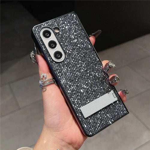For Samsung Galaxy Z Fold6 5G Case Rhinestone Decor PU Leather Coated PC Phone Cover with Kickstand - Black  /  Grey - 1