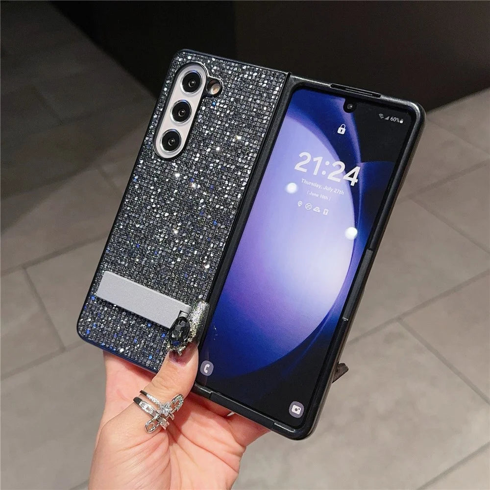 For Samsung Galaxy Z Fold6 5G Case Rhinestone Decor PU Leather Coated PC Phone Cover with Kickstand - Black  /  Grey - 2
