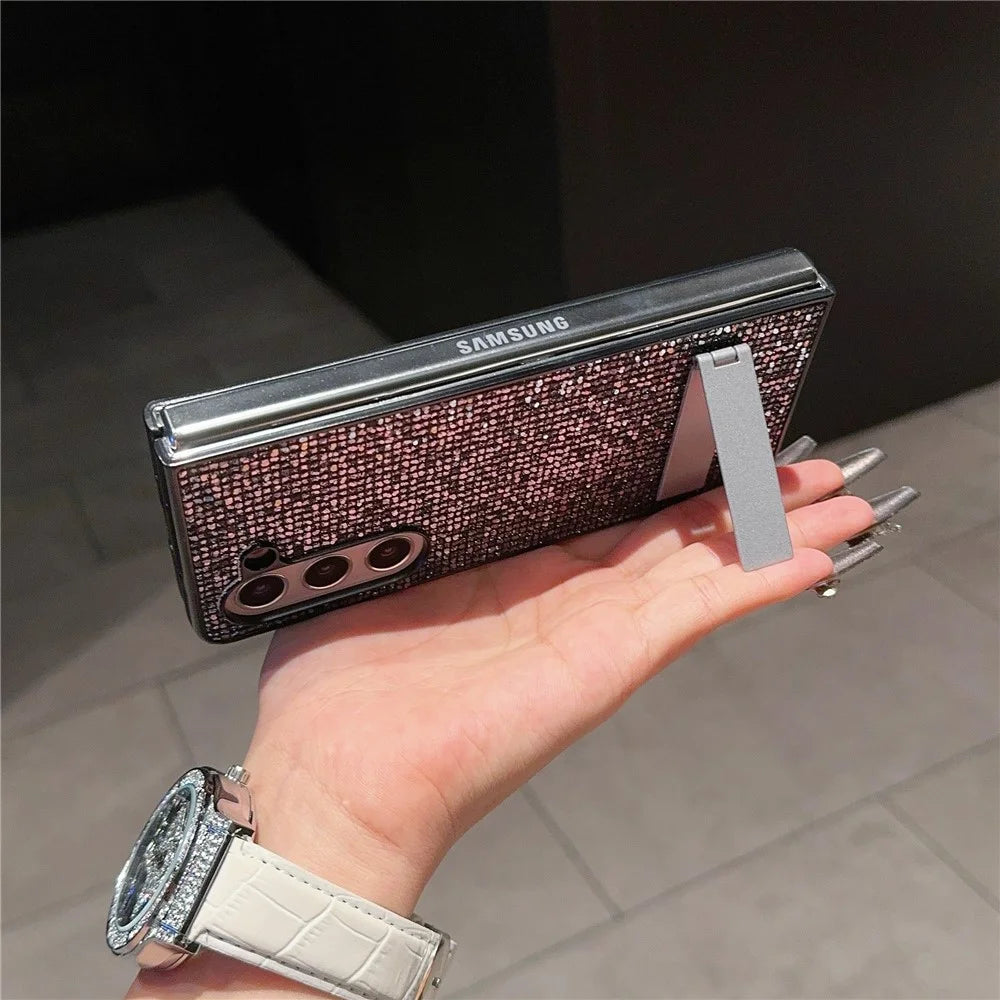 For Samsung Galaxy Z Fold6 5G Case Rhinestone Decor PU Leather Coated PC Phone Cover with Kickstand - Black  /  Grey - 3