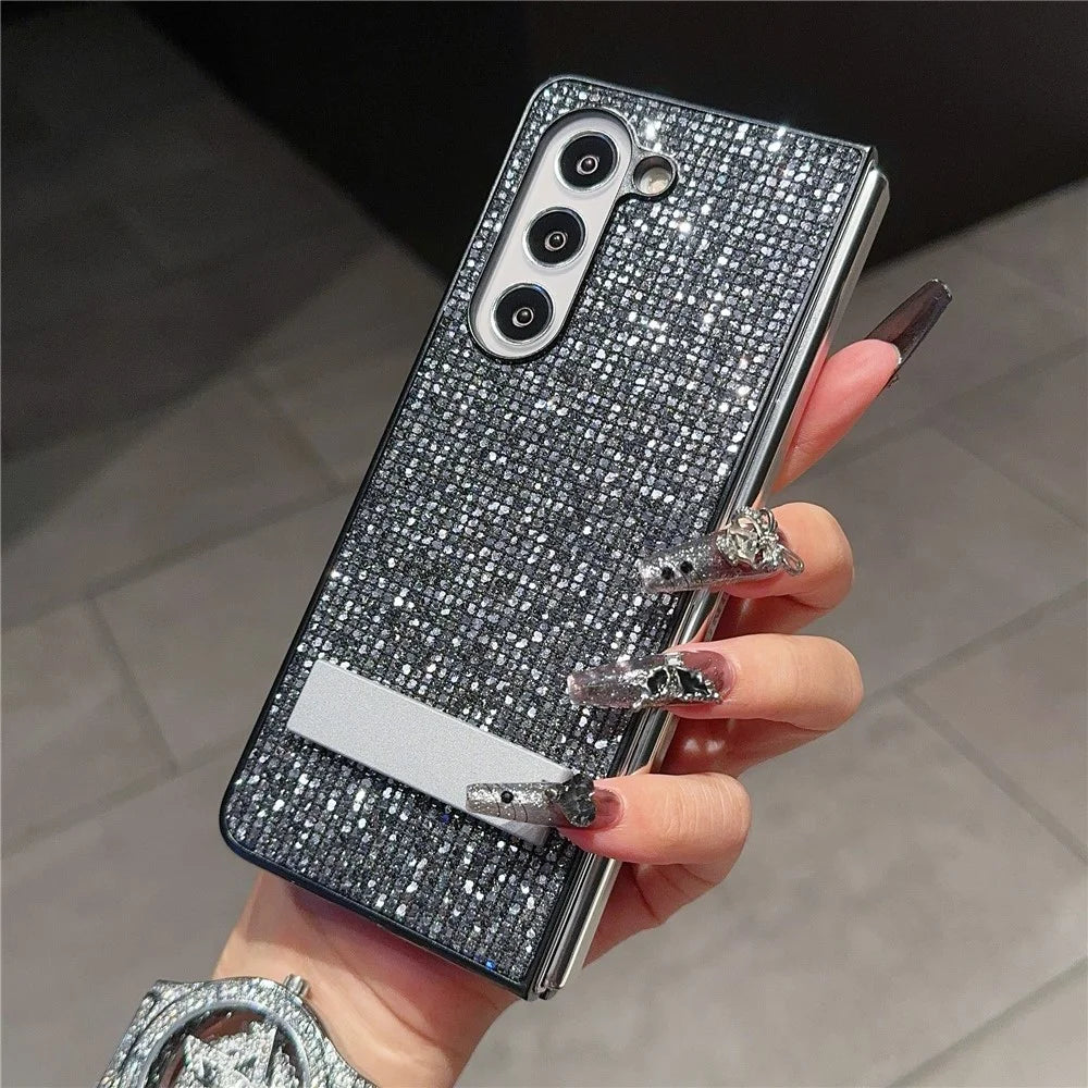 For Samsung Galaxy Z Fold6 5G Case Rhinestone Decor PU Leather Coated PC Phone Cover with Kickstand - Black  /  Grey - 4