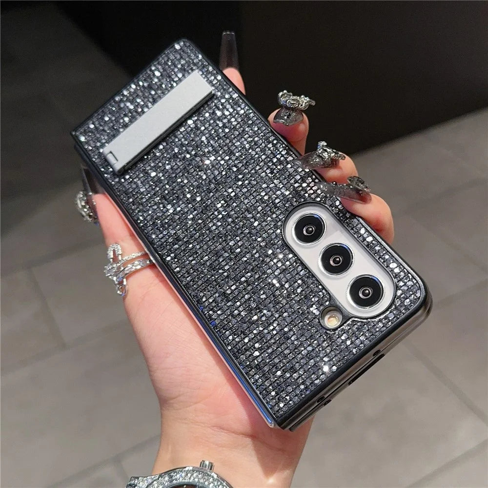 For Samsung Galaxy Z Fold6 5G Case Rhinestone Decor PU Leather Coated PC Phone Cover with Kickstand - Black  /  Grey - 5