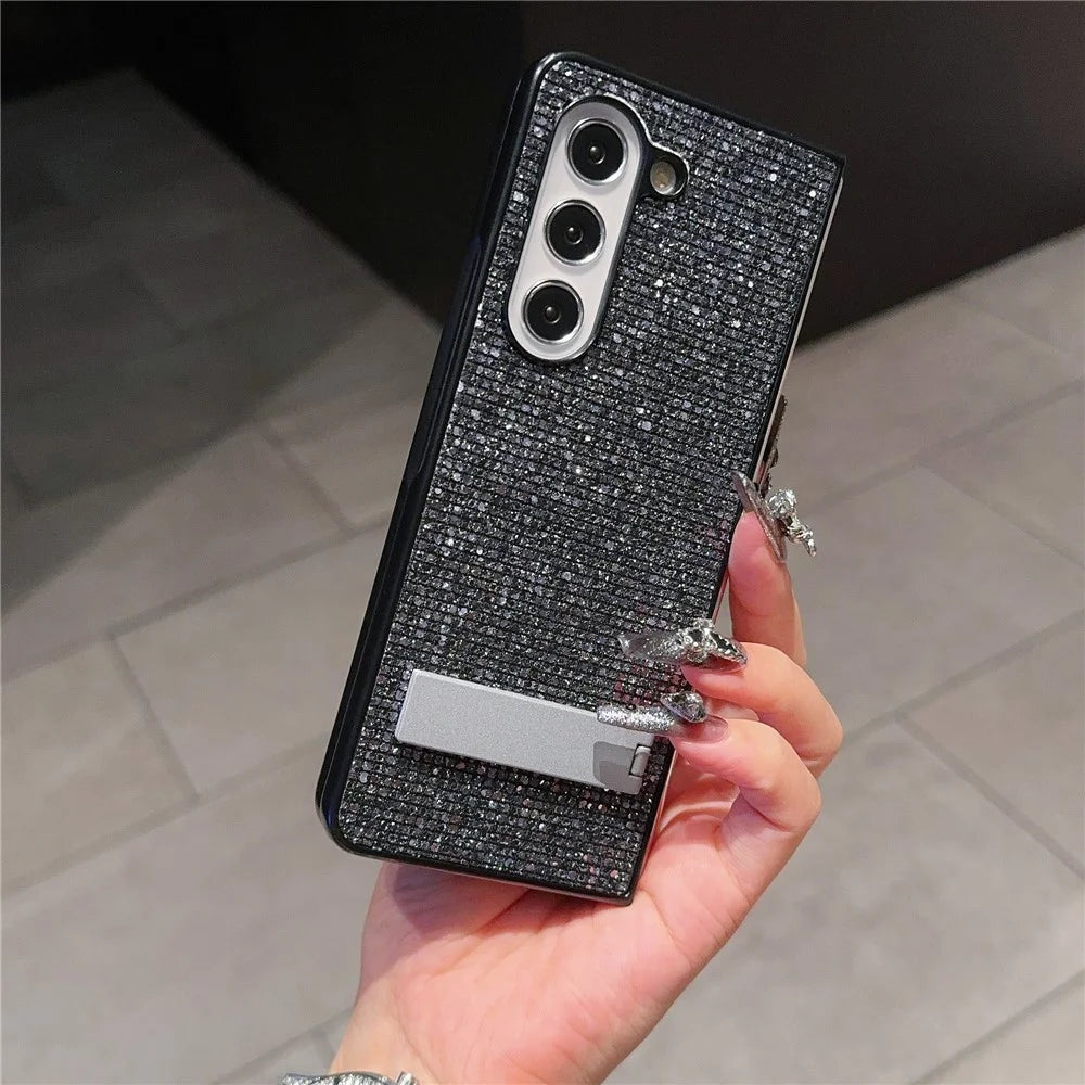 For Samsung Galaxy Z Fold6 5G Case Rhinestone Decor PU Leather Coated PC Phone Cover with Kickstand - Black  /  Grey - 6
