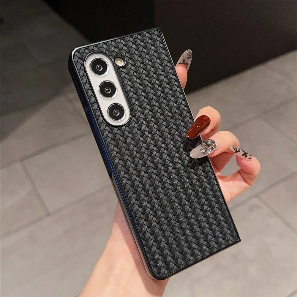 For Samsung Galaxy Z Fold5 5G Case Woven Texture PU Leather Coated PC Phone Cover - Black - 1