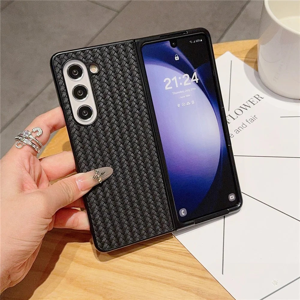 For Samsung Galaxy Z Fold5 5G Case Woven Texture PU Leather Coated PC Phone Cover - Black - 2