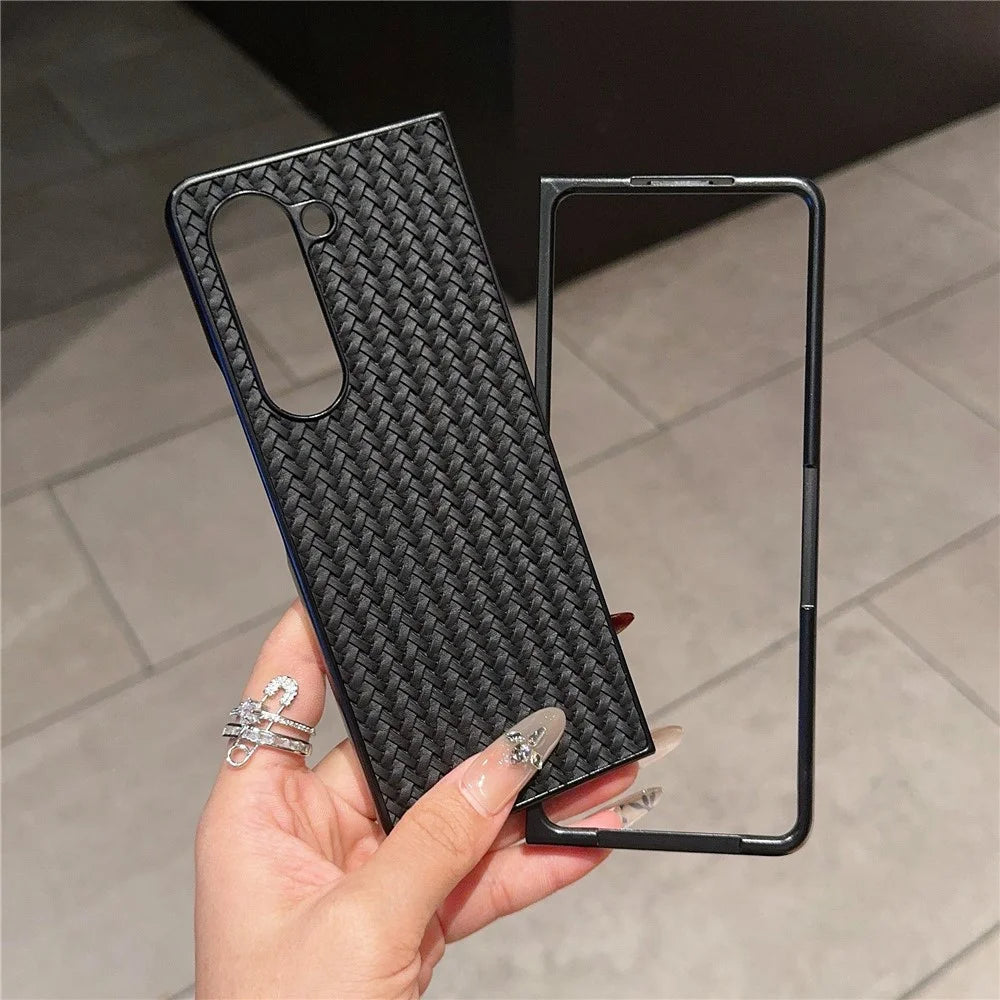 For Samsung Galaxy Z Fold5 5G Case Woven Texture PU Leather Coated PC Phone Cover - Black - 3