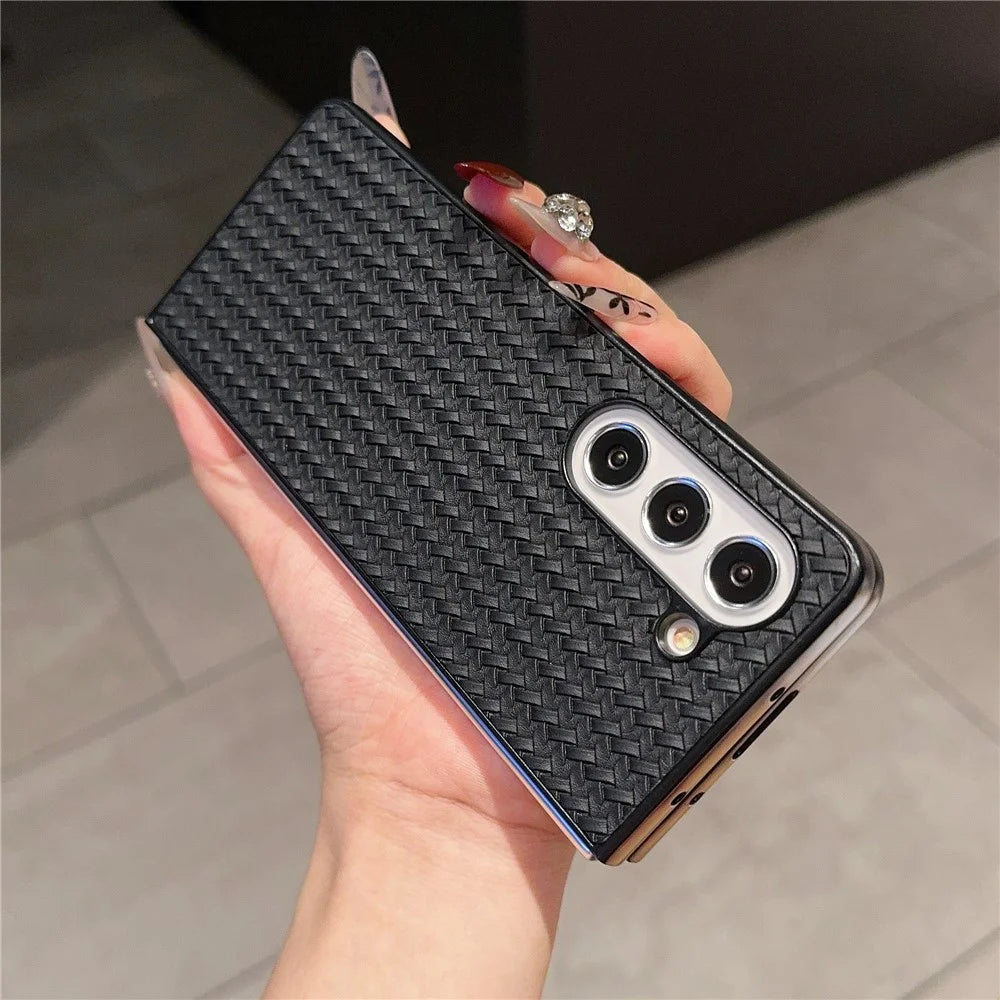 For Samsung Galaxy Z Fold5 5G Case Woven Texture PU Leather Coated PC Phone Cover - Black - 4
