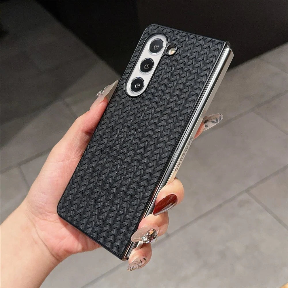 For Samsung Galaxy Z Fold5 5G Case Woven Texture PU Leather Coated PC Phone Cover - Black - 5