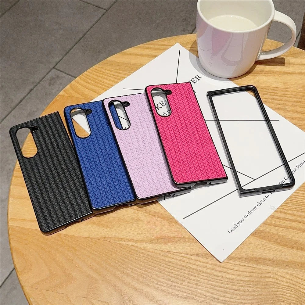 For Samsung Galaxy Z Fold5 5G Case Woven Texture PU Leather Coated PC Phone Cover - Black - 6