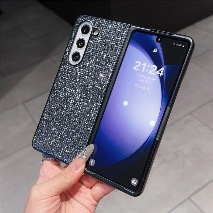 For Samsung Galaxy Z Fold6 5G Case Rhinestone Decor PU Leather Coated PC Phone Cover - Black  /  Grey - 2