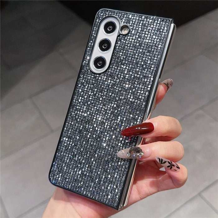 For Samsung Galaxy Z Fold6 5G Case Rhinestone Decor PU Leather Coated PC Phone Cover - Black  /  Grey - 6
