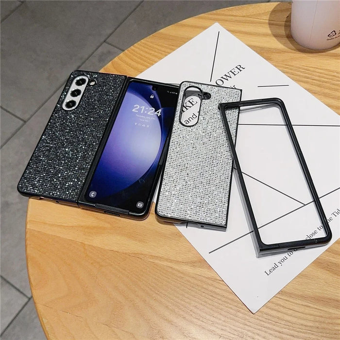 For Samsung Galaxy Z Fold6 5G Case Rhinestone Decor PU Leather Coated PC Phone Cover - Black  /  Grey - 7