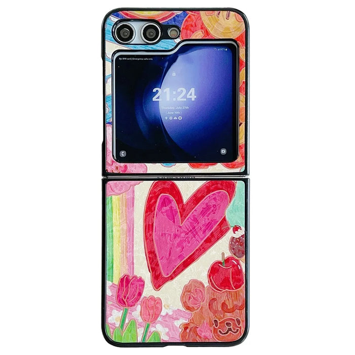 For Samsung Galaxy Z Flip7 FE 5G / Z Flip6 5G Case Leather + PC Protective Phone Cover Lacquered Pattern - Big Heart - 1