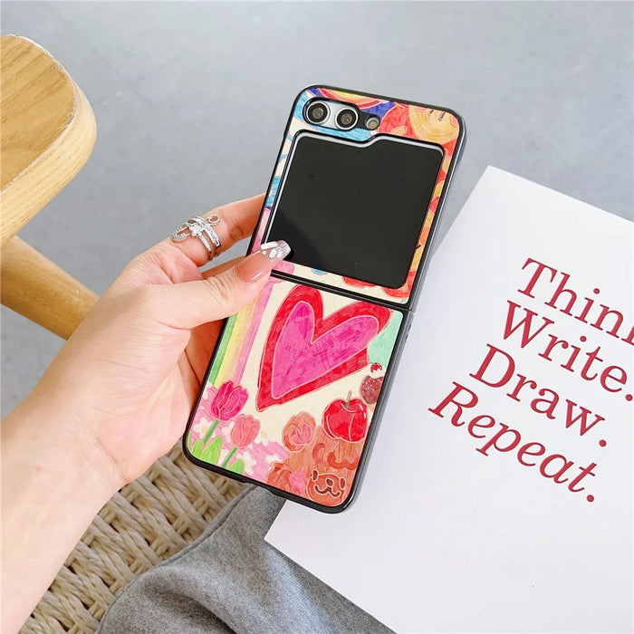 For Samsung Galaxy Z Flip7 FE 5G / Z Flip6 5G Case Leather + PC Protective Phone Cover Lacquered Pattern - Big Heart - 2