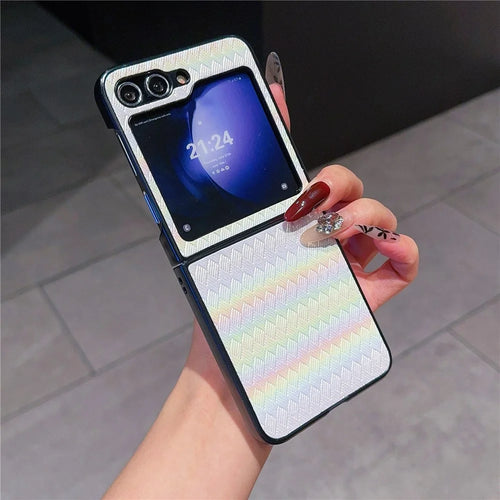 For Samsung Galaxy Z Flip7 FE 5G / Z Flip6 5G / Z Flip5 5G Case Two-Piece Design Leather + PC Laser Grid Phone Cover - White - 1