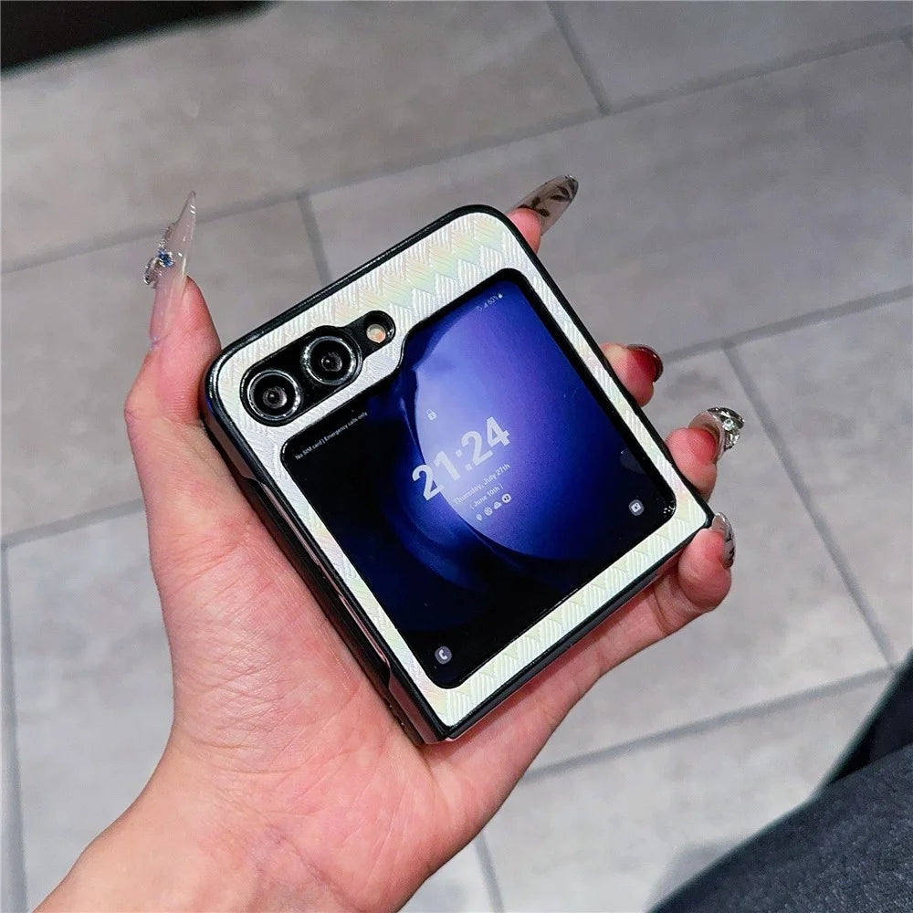 For Samsung Galaxy Z Flip7 FE 5G / Z Flip6 5G / Z Flip5 5G Case Two-Piece Design Leather + PC Laser Grid Phone Cover - White - 2