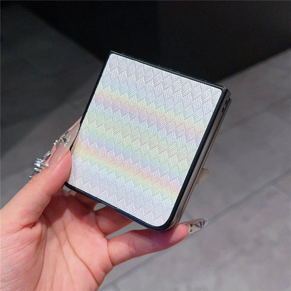 For Samsung Galaxy Z Flip7 FE 5G / Z Flip6 5G / Z Flip5 5G Case Two-Piece Design Leather + PC Laser Grid Phone Cover - White - 3
