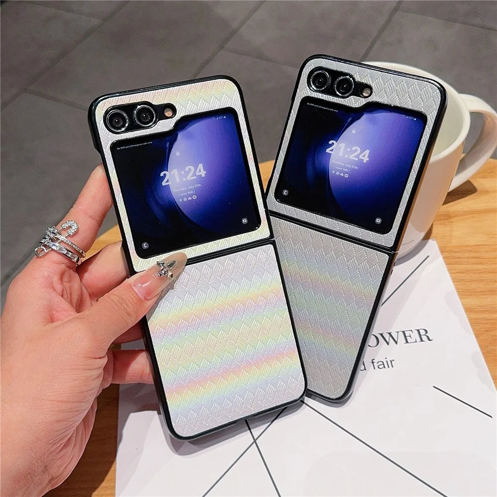 For Samsung Galaxy Z Flip7 FE 5G / Z Flip6 5G / Z Flip5 5G Case Two-Piece Design Leather + PC Laser Grid Phone Cover - White - 4