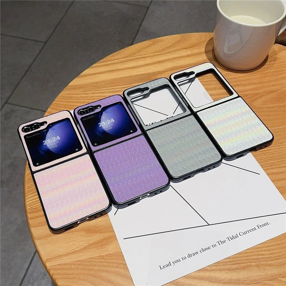 For Samsung Galaxy Z Flip7 FE 5G / Z Flip6 5G / Z Flip5 5G Case Two-Piece Design Leather + PC Laser Grid Phone Cover - White - 5