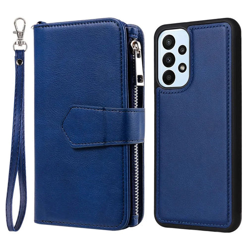 For Samsung Galaxy A23 5G (Global) / 4G Magnetic Leather Case Mobile Cover with Detachable Zipper Wallet Strap - Blue - 1