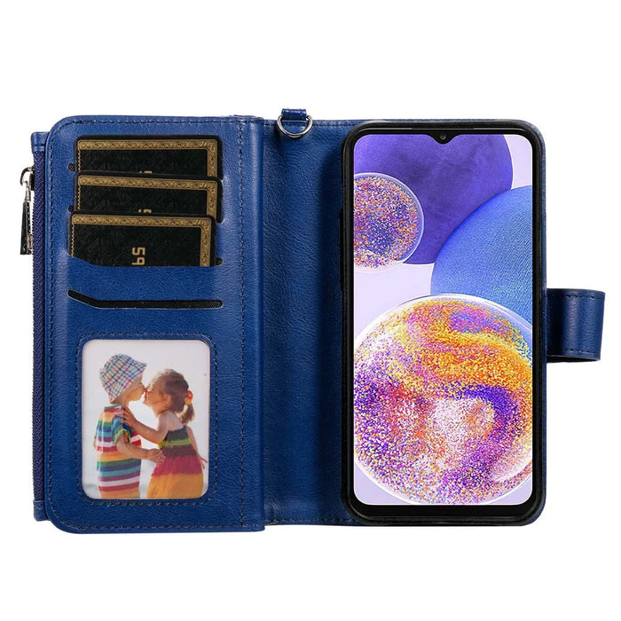 For Samsung Galaxy A23 5G (Global) / 4G Magnetic Leather Case Mobile Cover with Detachable Zipper Wallet Strap - Blue - 2