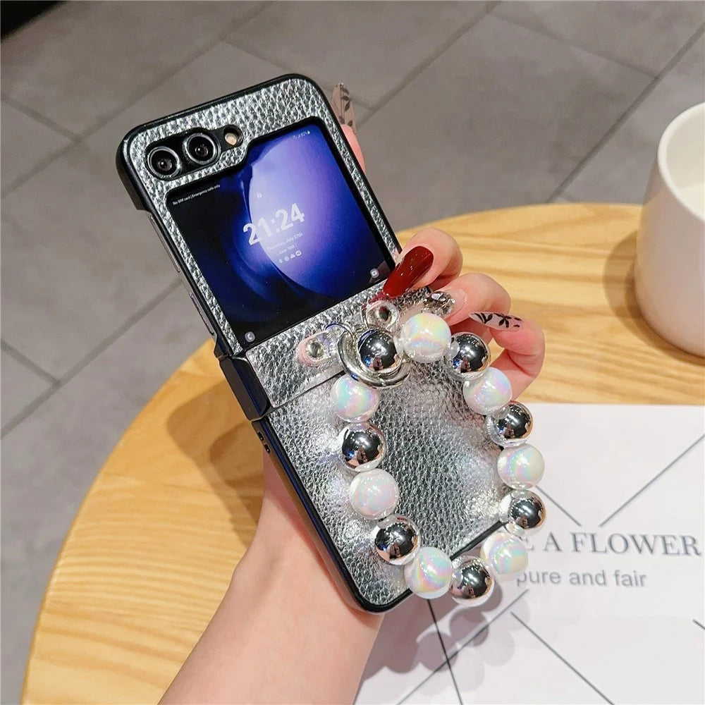 For Samsung Galaxy Z Flip7 FE 5G / Z Flip6 5G Case Hinge Protection Leather Coated Phone Cover with Bead Chain - 2