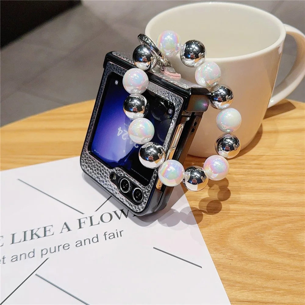 For Samsung Galaxy Z Flip7 FE 5G / Z Flip6 5G Case Hinge Protection Leather Coated Phone Cover with Bead Chain - 5