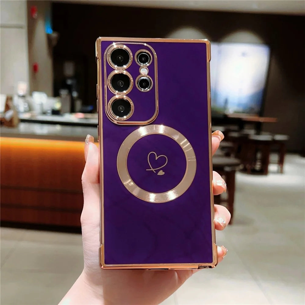 For Samsung Galaxy S24 Ultra Magnetic Phone Case Electroplating Heart TPU Cover - Dark Purple - 4