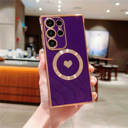 For Samsung Galaxy S23 Ultra Magnetic Case Soft TPU Phone Cover Love Heart Pattern - Dark Purple - 1