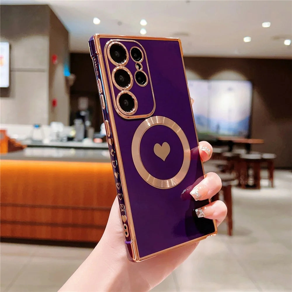 For Samsung Galaxy S23 Ultra Magnetic Case Soft TPU Phone Cover Love Heart Pattern - Dark Purple - 2