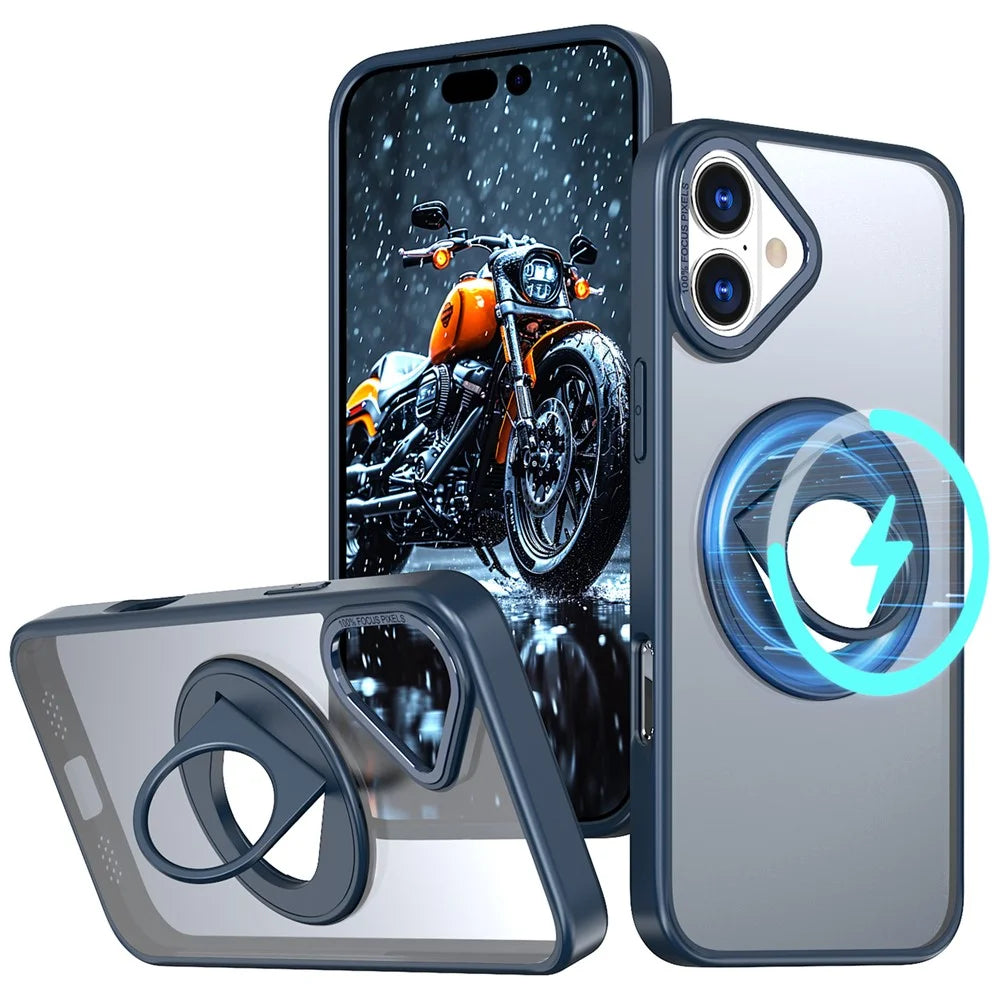 For iPhone 16 Case Compatible with MagSafe Rotating Kickstand TPU+PC Clear Back Phone Cover - Navy Blue - 1